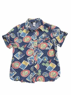 Sag Harbor Sport Womens Small Denim Nautical Vacation Postcard Print Shirt
